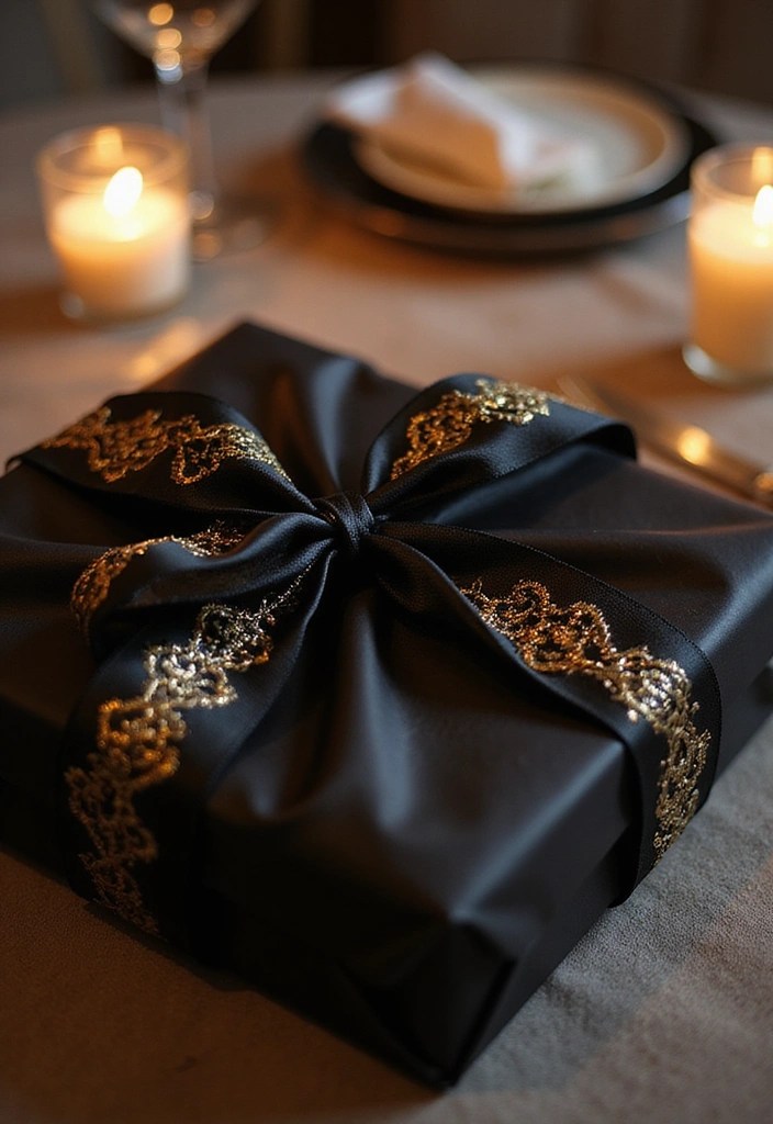 10 Creative Gift Wrapping Ideas with Embroidered Ribbon That Will Wow Your Friends! - 2. Elegant Black Tie Look with Satin Embroidered Ribbon